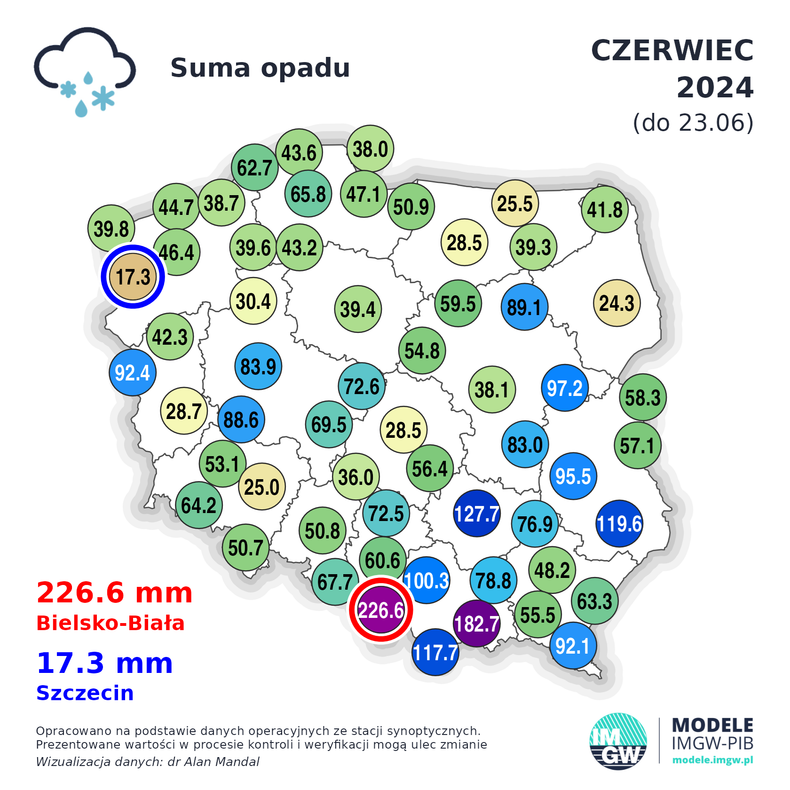 Suma opadów w Polsce w czerwcu. Opady są bardzo zróżnicowane