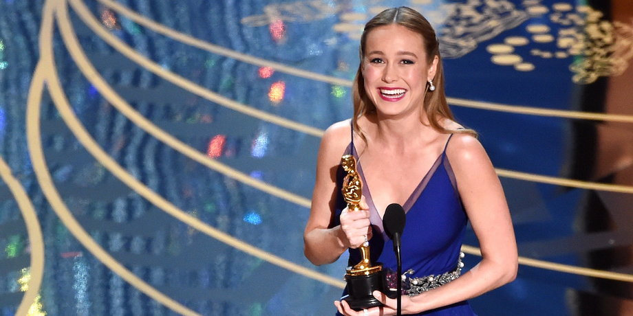 Brie Larson accepting her best actress Oscar at the 88th Academy Awards.