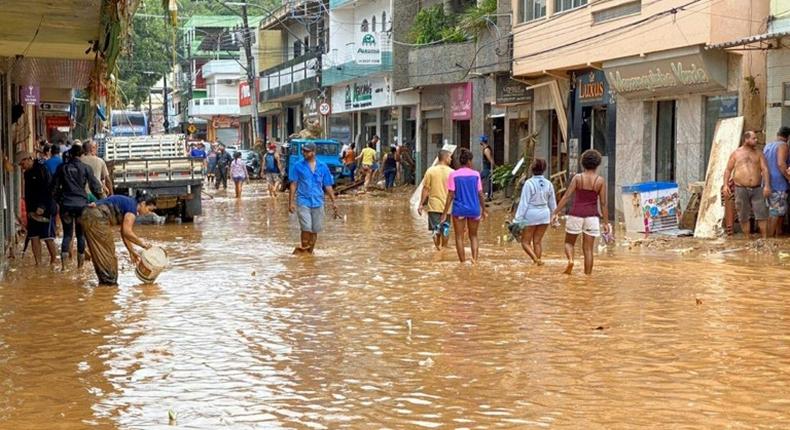 Handout picture released on January 18, 2020 by Espirito Santo State Government showing a flooded street after heavy rain and floods, at the city of Iconha, state of Espirito Santo, Brazil