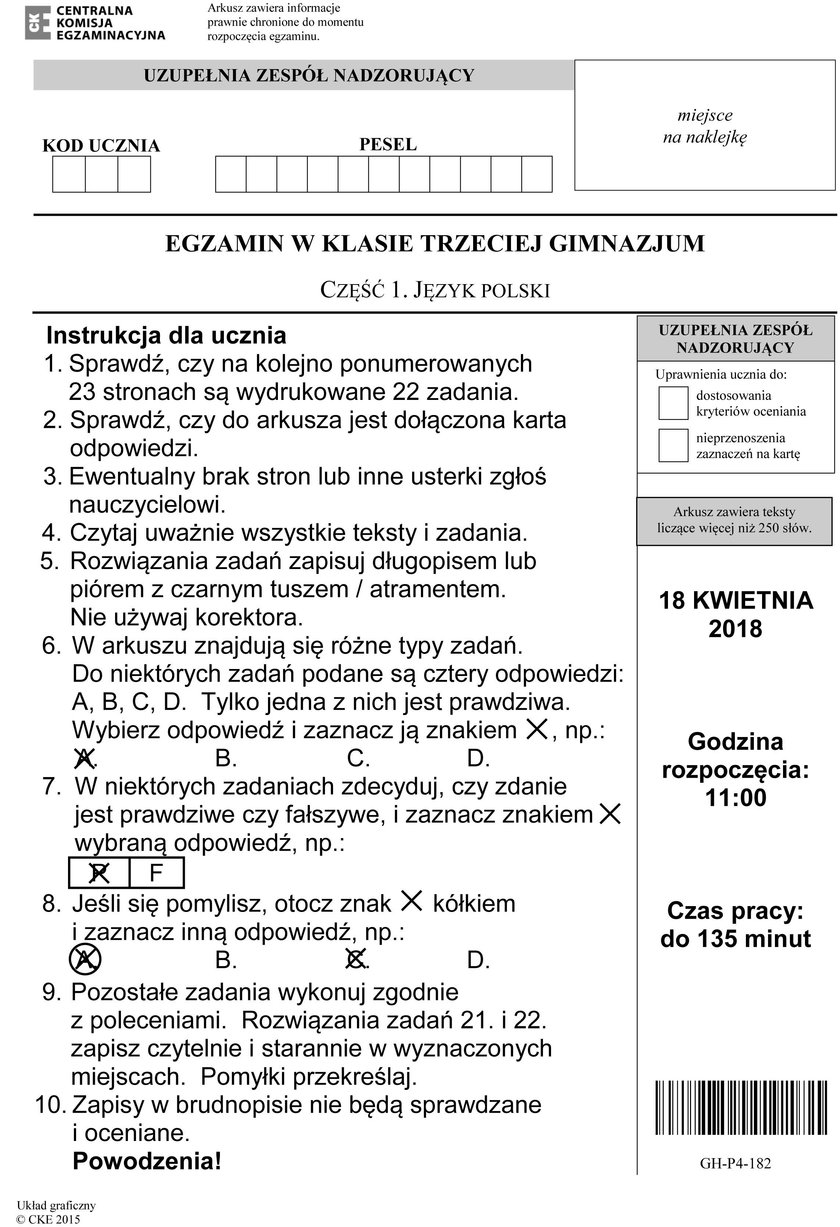 Egzamin Gimnazjalny 2018: Język polski - Odpowiedzi i Arkusze