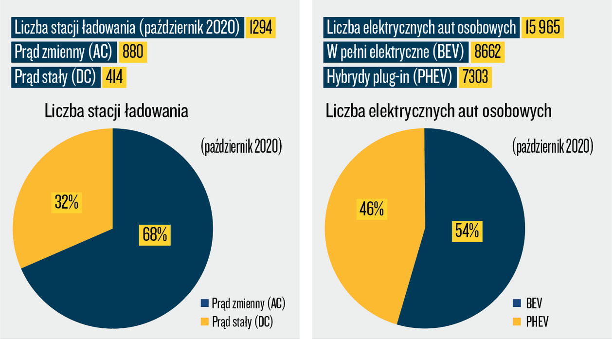 Infografika: liczba stacji ładowania i elektrycznych aut osobowych w Polsce (październik 2020). Dane: PSPA