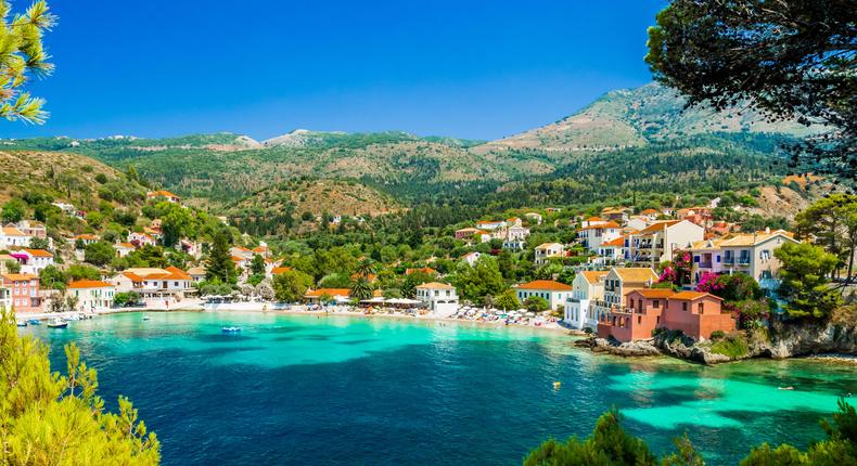 A two-course lunch for two costs roughly £20.97 in Kefalonia, Greece.