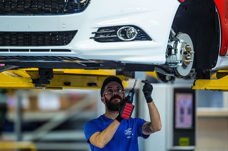 A Ford vehicle being assembled.