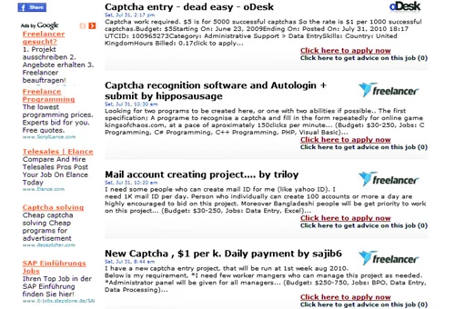 Wzrost zatrudnienia w krajach o niskim poziomie wynagrodzeń: w internetowych giełdach pracy spamerzy coraz częściej szukają pracowników, którzy za niewielkie wynagrodzenie odczytują wielkie ilości CAPTCHA