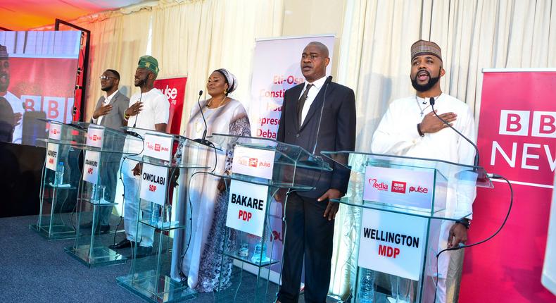 L-R: Ferdinand Adimefe of the Alliance for New Nigeria (ANN), Babajide Obanikoro of the All Progressives Congress (APC), Tessy Owolabi of the Social Democratic Party (SDP), Omotesho Bakare of the Peoples Democratic Party (PDP) and Olubankole Wellington of the Modern Democratic Party (MDP) at a debate for candidates contesting for the Eti-Osa constituency seat in the House of Representatives