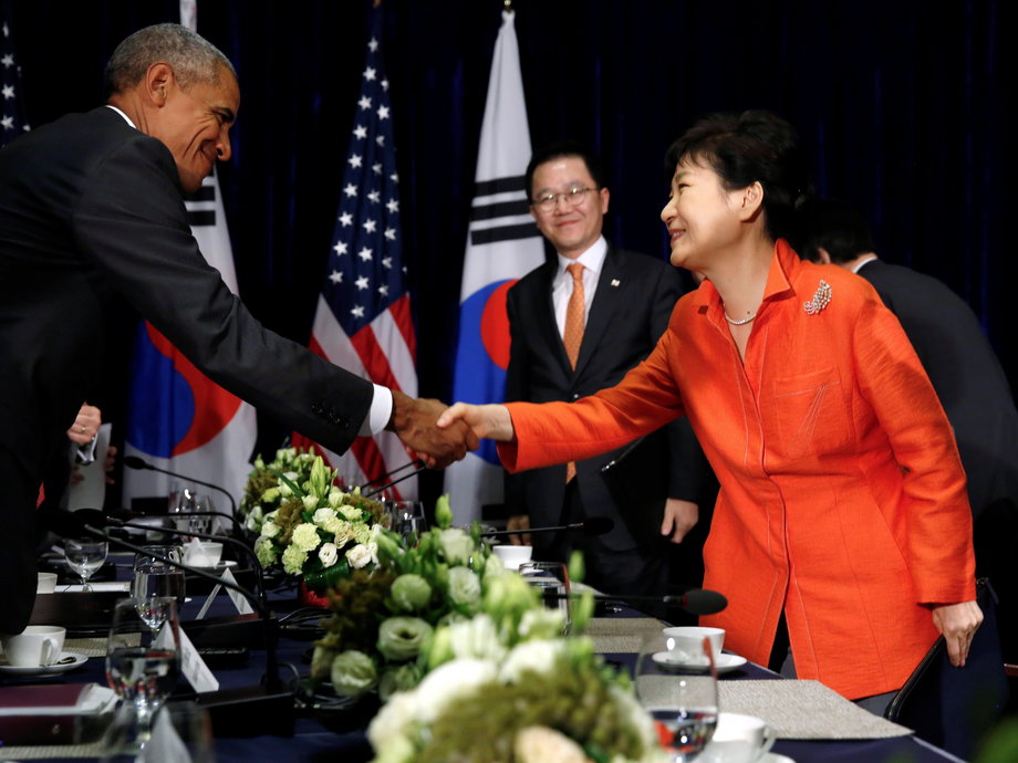 US President Barack Obama and South Korea's President Park Geun-hye shake hands at the end of their bilateral meeting, on the sidelines of the ASEAN Summit, in Vientiane, Laos September 6, 2016.