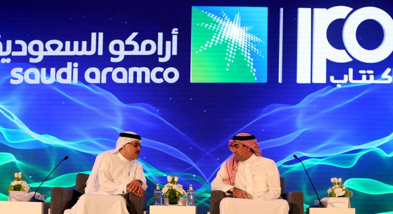 Amin H. Nasser, president and CEO of Aramco, and Yasser al-Rumayyan, Saudi Aramco's chairman, attend a news conference at the Plaza Conference Center in Dhahran, Saudi Arabia this month.