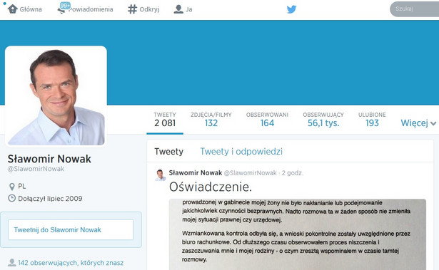 Screen Twittera Sławomira Nowaka