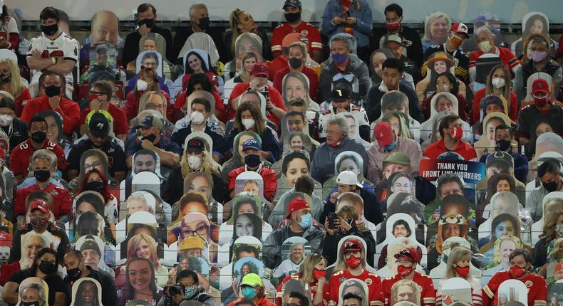 Fans sit among cardboard cutouts in the second quarter during Super Bowl LV between the Tampa Bay Buccaneers and the Kansas City Chiefs at Raymond James Stadium on February 07, 2021 in Tampa, Florida.