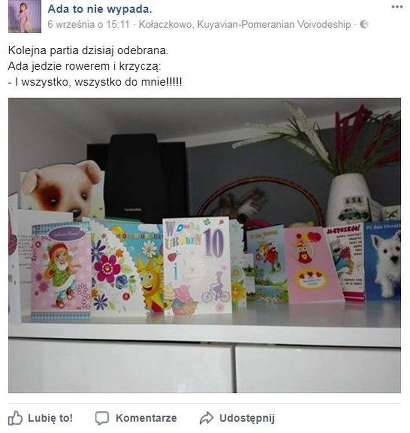 Mama 10-letniej Ady prosi o wysyłanie kartek urodzinowych dla córeczki