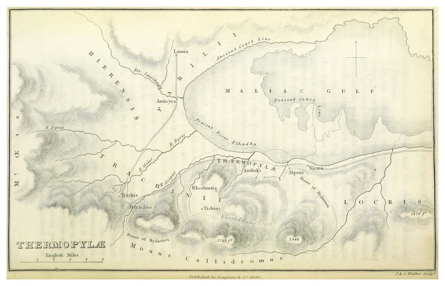 Mapa przedstawiająca wąski przesmyk Termopile znajdujący się pomiędzy morską zatoką a wzgórzami