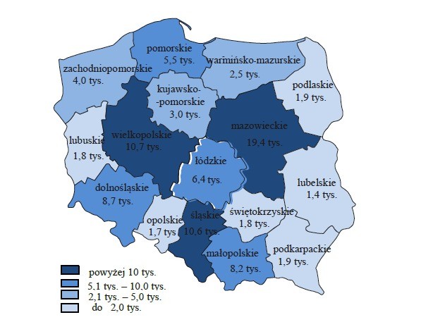 Wolne miejsca pracy według województw na koniec I kwartału 2016 roku (w tys.)