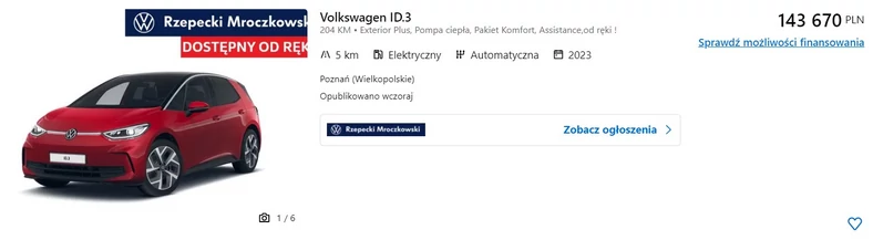 Oferta sprzedaży nowego Volkswagena ID.3 z placu dilera