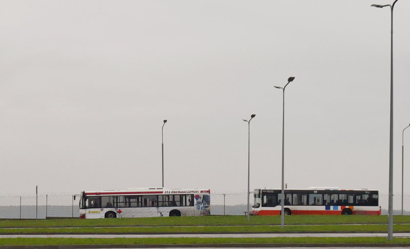 Spod hali lotniskowej odjeżdżają puste autobusy miejskie