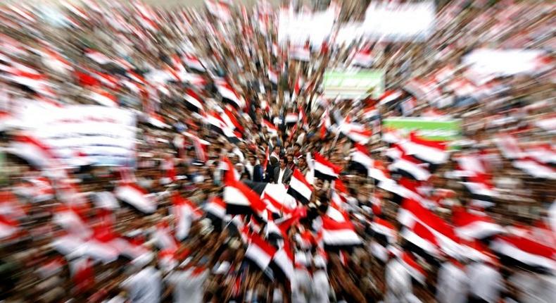 Supporters of the rebel Huthis and ex-president Ali Abdullah Saleh mark two years since the Saudi-led coalition intervened in Yemen, in Sanaa on March 26, 2017