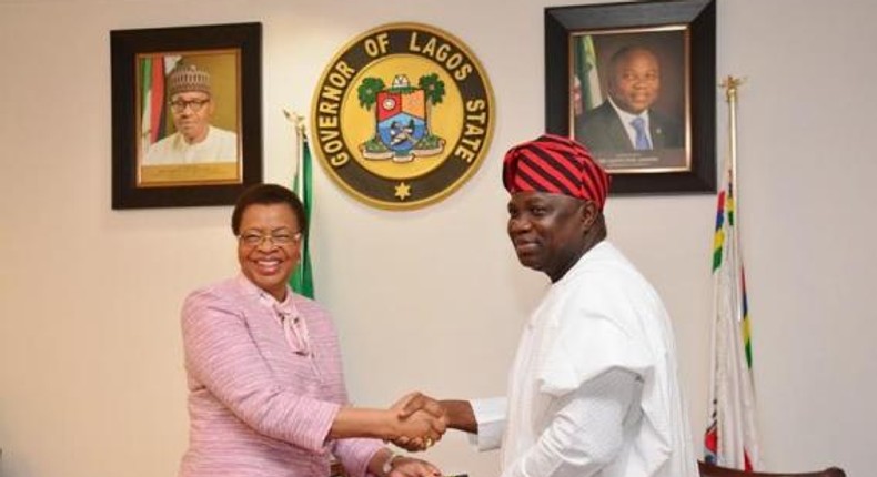 Lagos State Governor, Akinwunmi Ambode meets with Nelson Mandela's wife, Graca Machel in Lagos on November 13, 2015