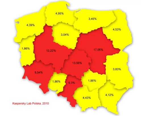 Poziom infekcji w poszczególnych województwach, czerwiec 2010