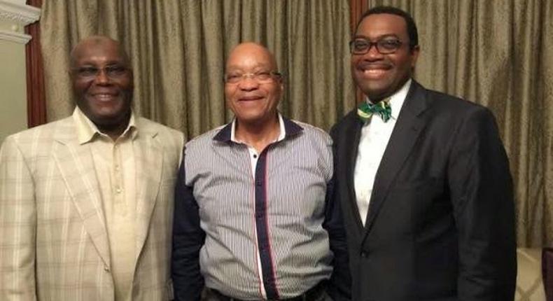 Former Vice President, Atiku Abubakar and outgoing Minister of Agriculture, Akinwunmi Adeshina meet with South African President, Jacob Zuma on Saturday, May 2, 2015.