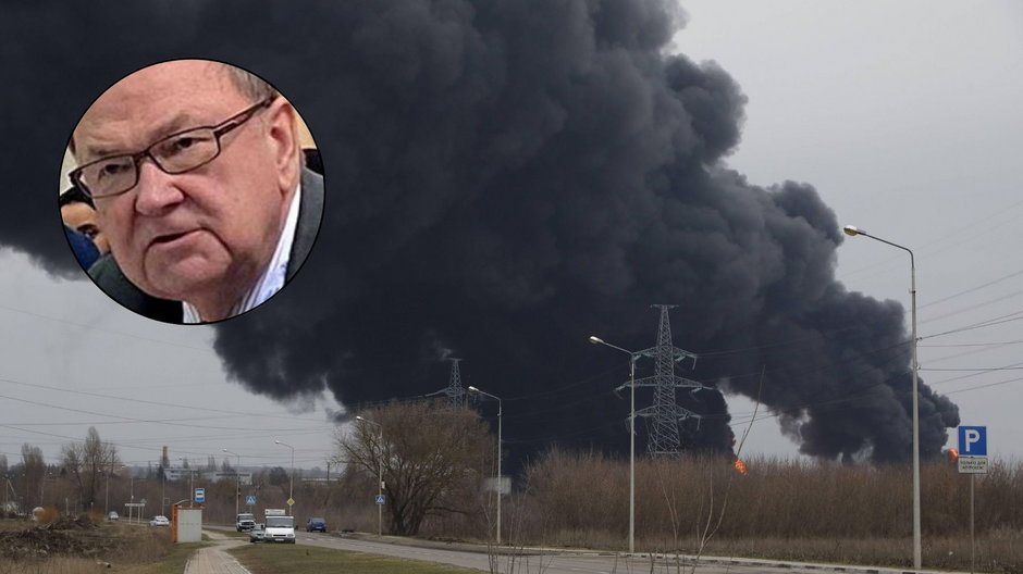 Dym nad rosyjskim Biełgorodem po ataku na rafinerię ropy naftowej (w kółku: Michaił Krutichin / The Moscow Times)