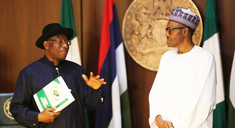 Former President Goodluck Jonathan (left) and President Muhammadu Buhari (right)