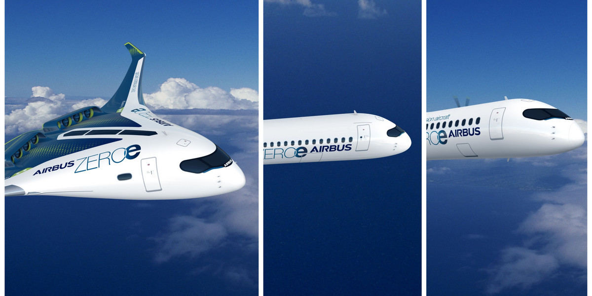 Airbus przedstawił trzy warianty koncepcyjnego samolotu ZeroE. Ma być pierwszym na świecie samolotem zeroemisyjnym, wykorzystującym wodór jako główne źródło energii. 
