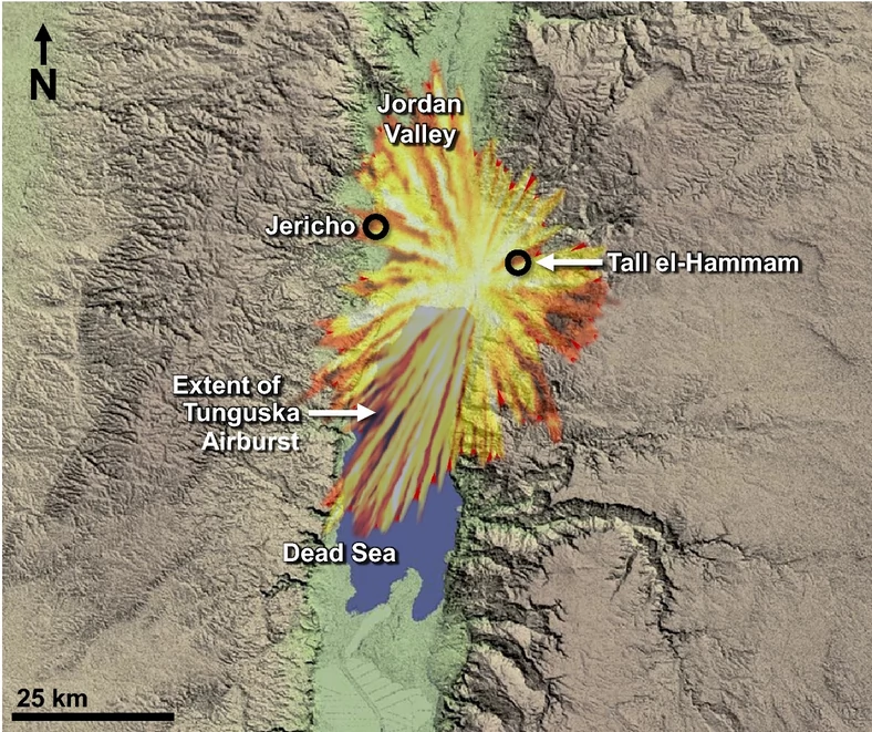 Zasięg wybuchu z katastrofy tunguskiej na mapie Doliny Jordanu. Poglądowa wizja tego, jaki mógł być zasięg uderzenia, które zniszczyło Tall el-Hammam.