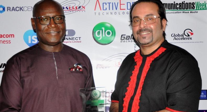 Globacom’s Eric Uwaoma (left) and Raj Narayan with the “Most Innovative Mobile Player of the Year award won by the company at the 2019 Beacon of ICT Awards held on Saturday night at Eko Hotel, Lagos. Globacom was also inducted into the ICT Hall of Fame at the event for its sterling contributions to the growth of ICT industry.