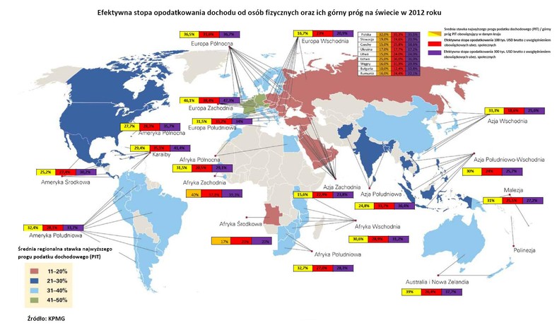 Efektywna stopa oprocentowania dochodu pd osób fizycznych oraz ich górny próg na świecie w 2012 roku