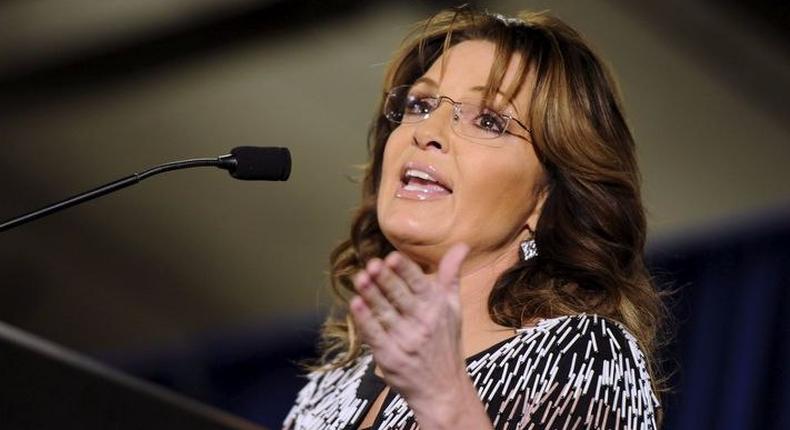 Sarah Palin at a rally endorsing Donald Trump for president in Ames, Iowa.