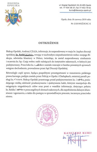 Ostrzeżenie ws. ks. Cudoka rozesłane do parafii w Polsce przez kanclerza ks. Wojciecha Lippę