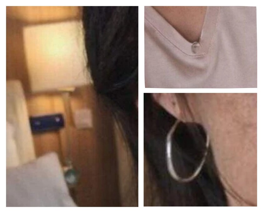 (Levo) iskrivljeno postolje za lampu; (gore desno) zamućenje na „V“-u na njenoj majici; (dole desno) minđuša koja izgleda kao da se stapa sa njenim licem – sve su to neslaganja koja se obično povezuju sa generativnom veštačkom inteligencijom.