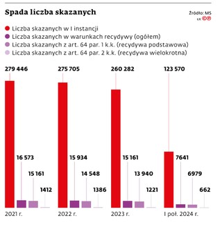 Spada liczba skazanych
