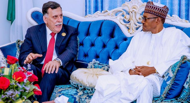 President Muhammadu Buhari holds a bilateral meeting with Head of Libya's Government of National Accord Mr. Fayez Al-Sarraj on the sidelines of the 12th Extraordinary Session of the Assembly of African Union Heads of State and Government, in Niamey, Niger Republic. [Twitter/BashirAhmaad]