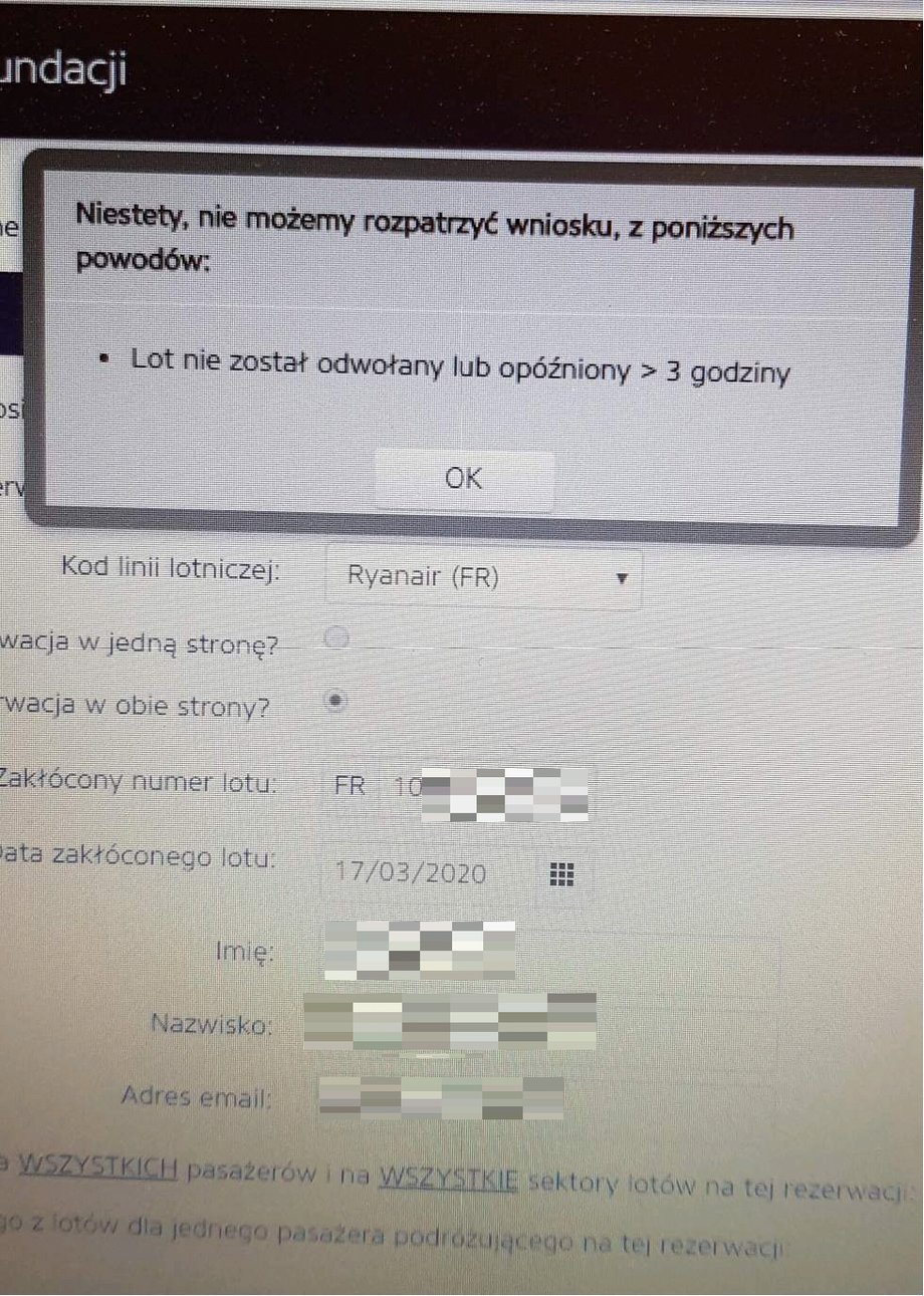 Na stronie internetowej Ryanair.com występują problemy ze złożeniem wniosku o zwrot pieniędzy za bilet na lot, który został odwołany z powodu pandemii koronawirusa. 