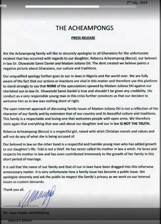 Becca's father Press Statement 