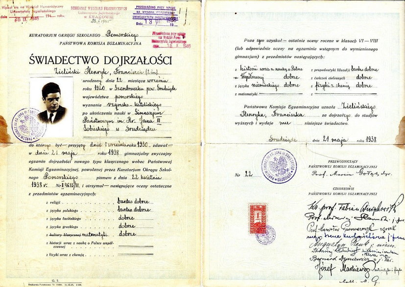 Świadectwo maturalne Henryka Zielińskiego, 1938 rok (fot. na licencji Creative Commons Attribution-Share Alike 3.0 Unported)
