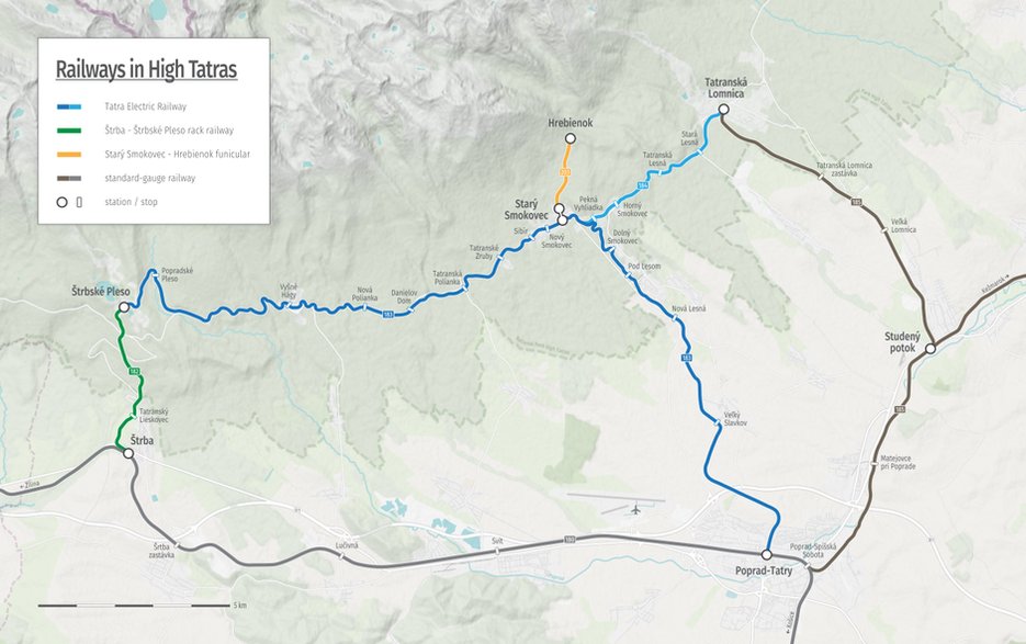 Mapa pokazuje przebieg kolei wąskotorowej po słowackiej stronie Tatr