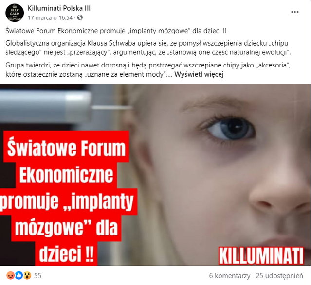 Zrzut ekranu przedstawiający wpis, którego autor twierdzi, że Światowe Forum Ekonomiczne promuje implanty mózgowe dla dzieci.