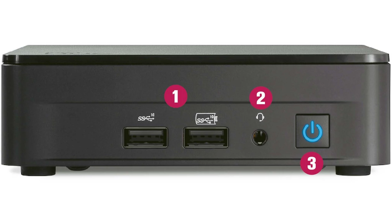 Z przodu Intel NUC 13 Pro Kit znajdują się dwa gniazda USB 3.2 (1), złącze słuchawkowe (2) i przycisk zasilania (3)