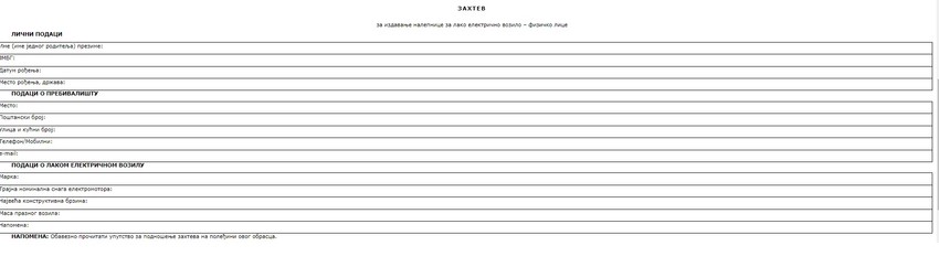 zahtev za nalepnicu za električno vozilo