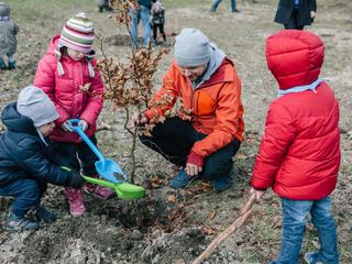 Uczestniczy akcji „Ojciec Polak sadzi drzewo” w chorzowskim Parku Śląskim. 