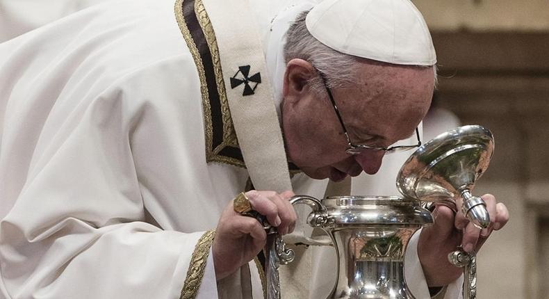 Pope Francis celebrates the Chrism Mass for Holy Thursday at St Peter's Basilica, Vatican City