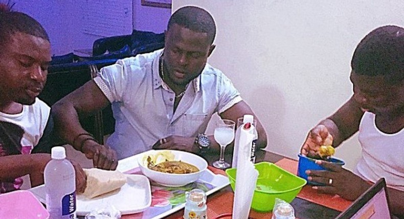 AY's younger brother, Yomi Casual and comedian Seyilaw munching away Stacey Ebere's meal 