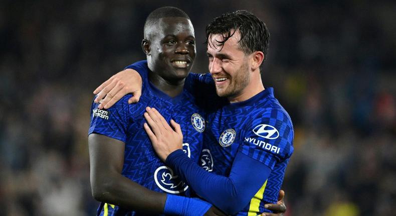Chelsea defender Ben Chilwell embraces team-mate Malang Sarr