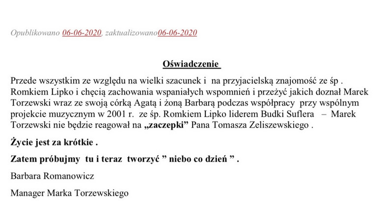 Oświadczenie Marka Torzewskiego w sprawie utworu "Niebo co dzień"