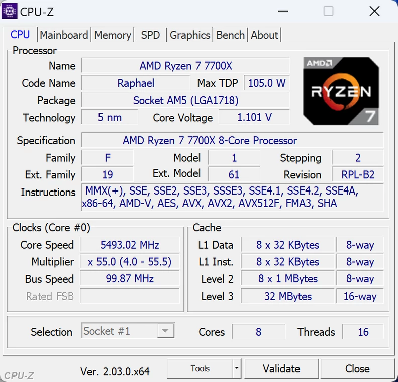 AMD Ryzen 7 7700X – CPU-Z – specyfikacja procesora