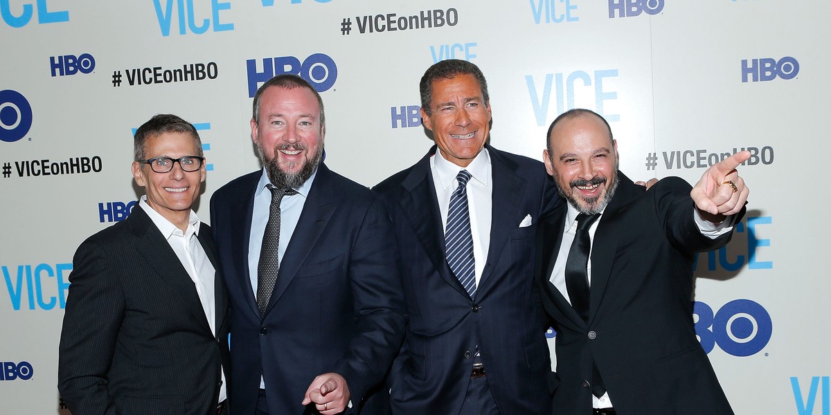 HBO president of programming Michael Lombardo, host and executive producer Shane Smith, HBO Co-President Richard Pepler and executive producer Eddy Moretti attend the 'Vice' New York Premiere at Time Warner Center on April 2, 2013 in New York City.