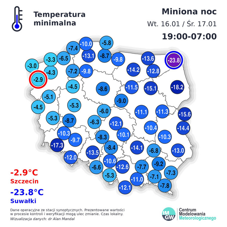 Temperatura w Suwałkach spadła do -24 st. C.