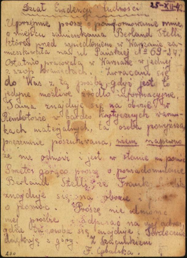 List Franki Cybulskiej z 25 grudnia 1942 r. do Rady Żydowskiej w Warszawie z prośbą o informacje o miejscu pobytu Stelli Berland z ul. Pańskiej