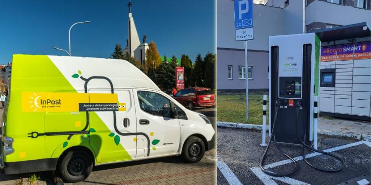 Od prawej: ładowarka przy paczkomacie (fot. InPost). Auto elektryczne InPostu